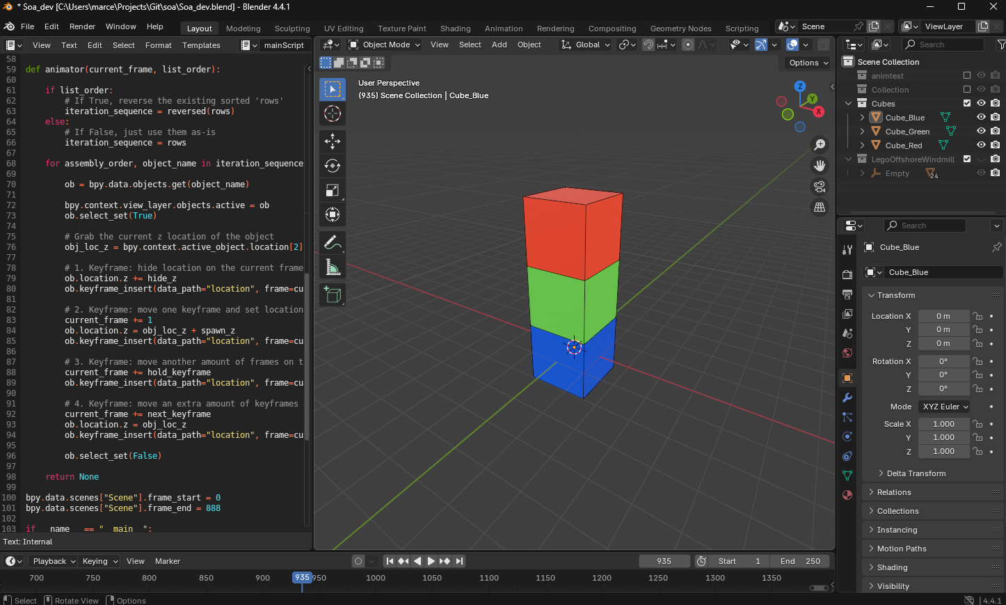 Simplified Blender scene with 3 differently coloured cubes